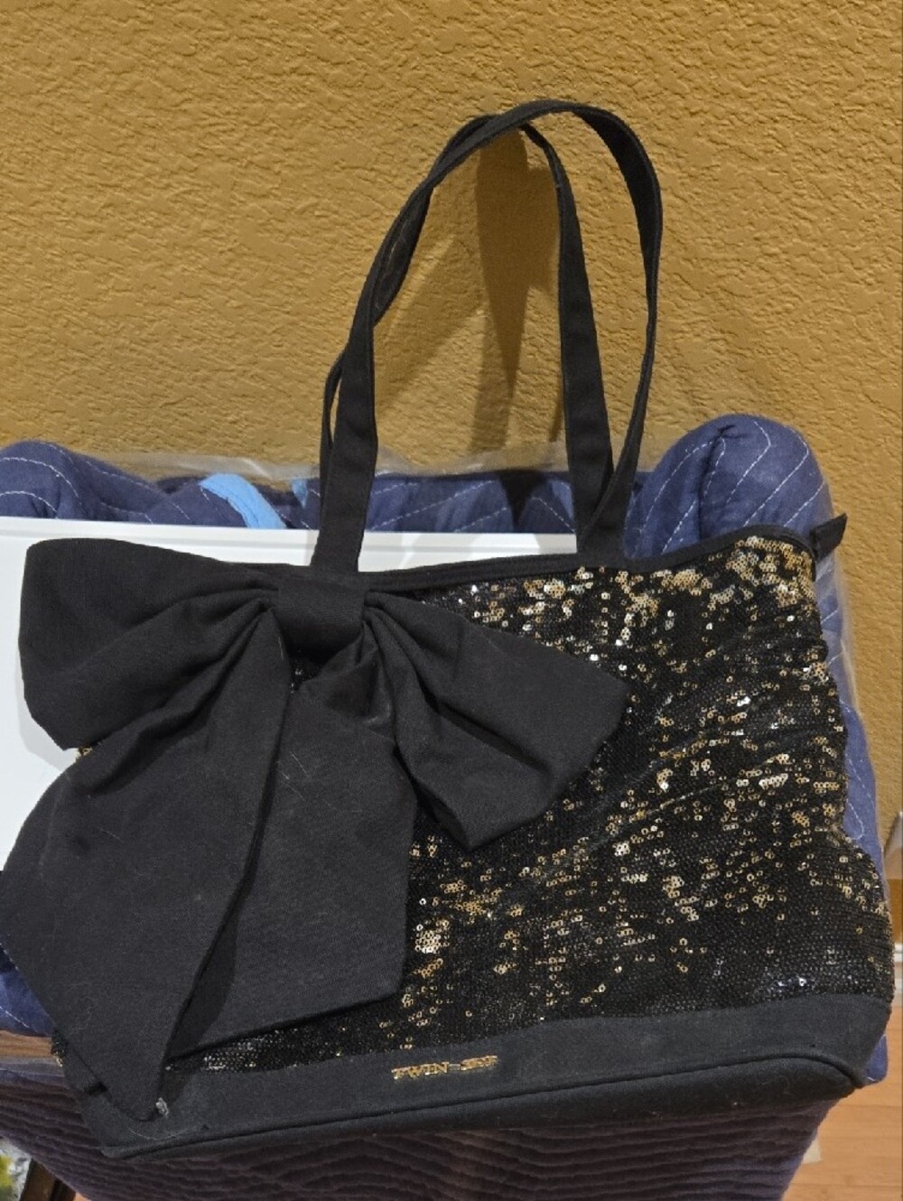 Black Sequin Tote with Oversized Bow